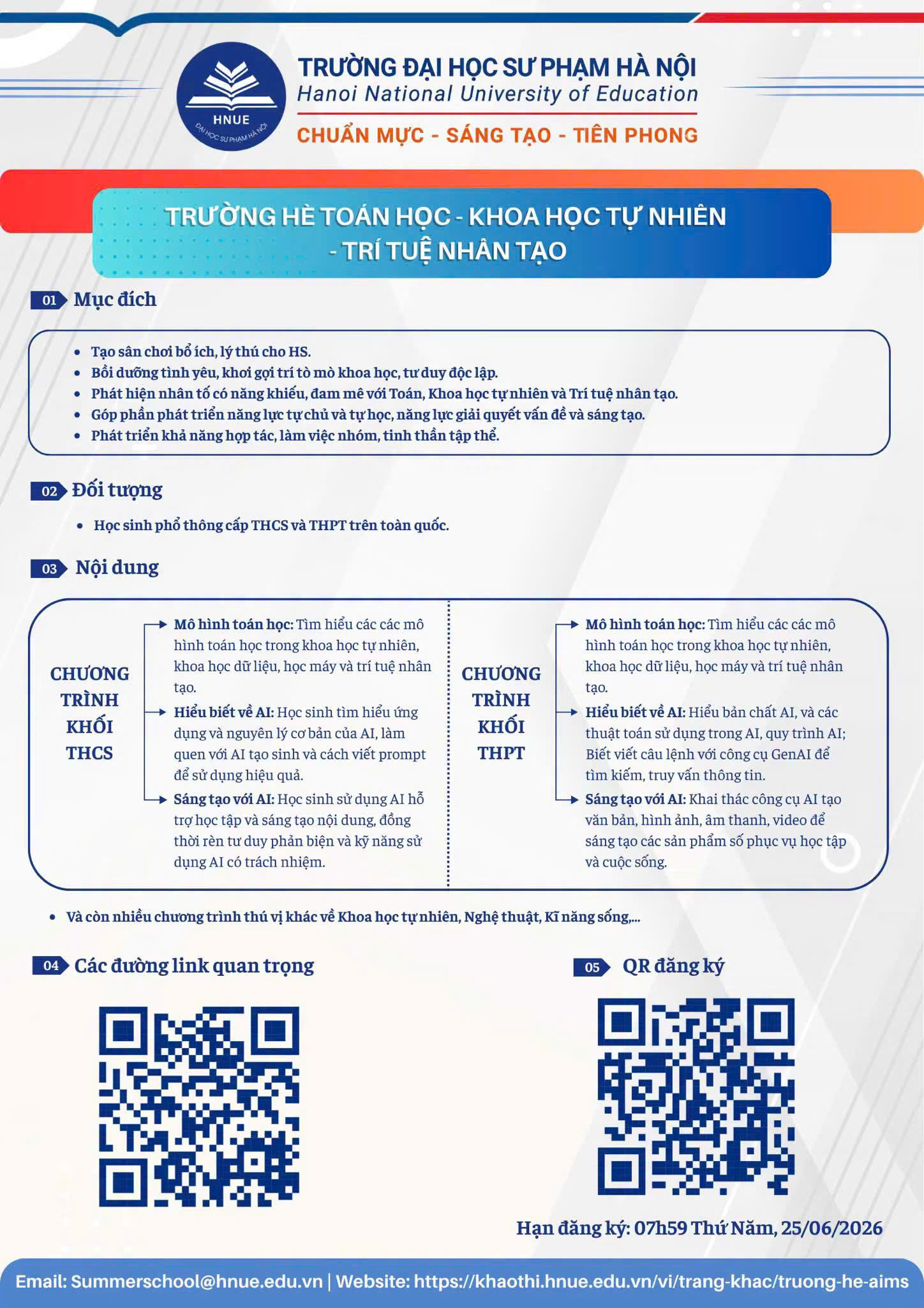 Mở cổng đăng ký Trường hè Toán học – Khoa học tự nhiên – Trí tuệ nhân tạo năm 2026